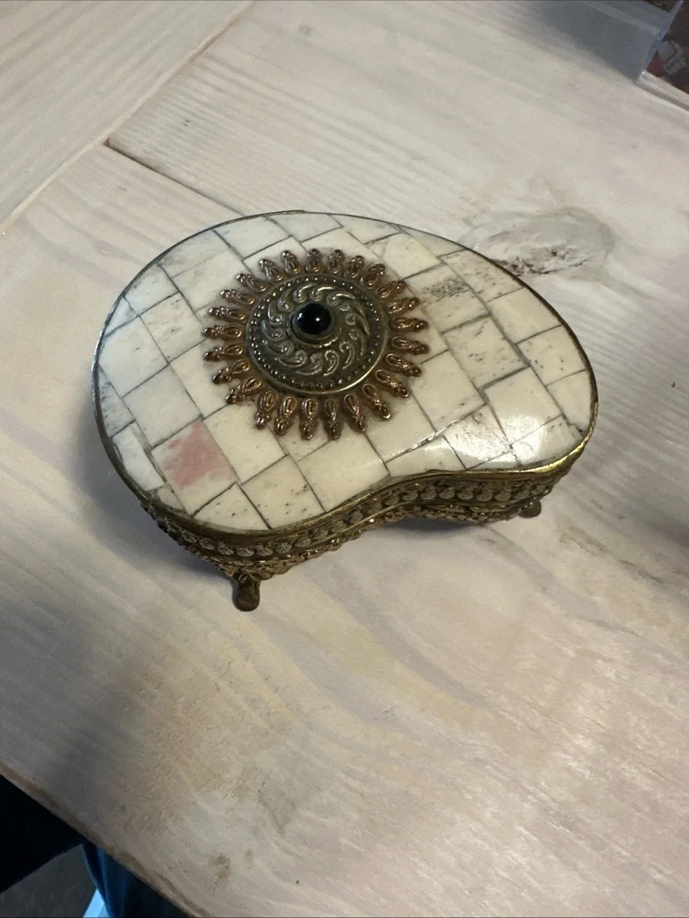 Vintage Brass and Marble Inlay Jewelry Trinket Box - Picture 2 of 6